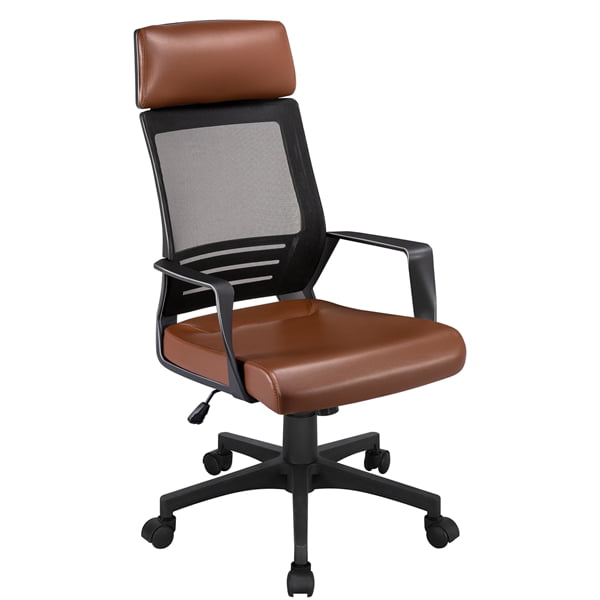 Lumbar Support Brown Ergonomic Executive Chair with Rolling Casters Topeakmart Mesh Office Desk Chair with Leather Padded Seat 